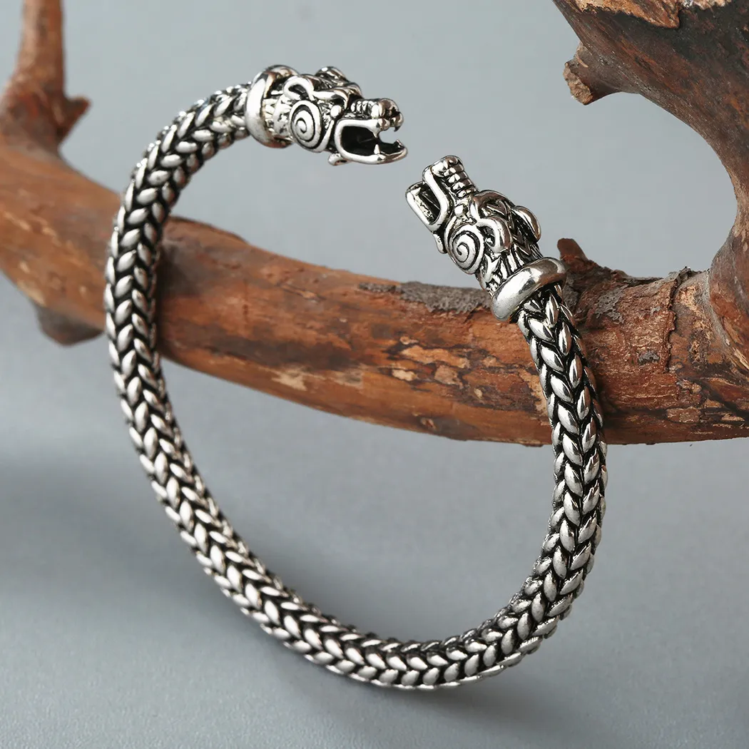 Viking Dragon Bracelet For Men Open Cuff Silver And Bronze Tone_voghion.com