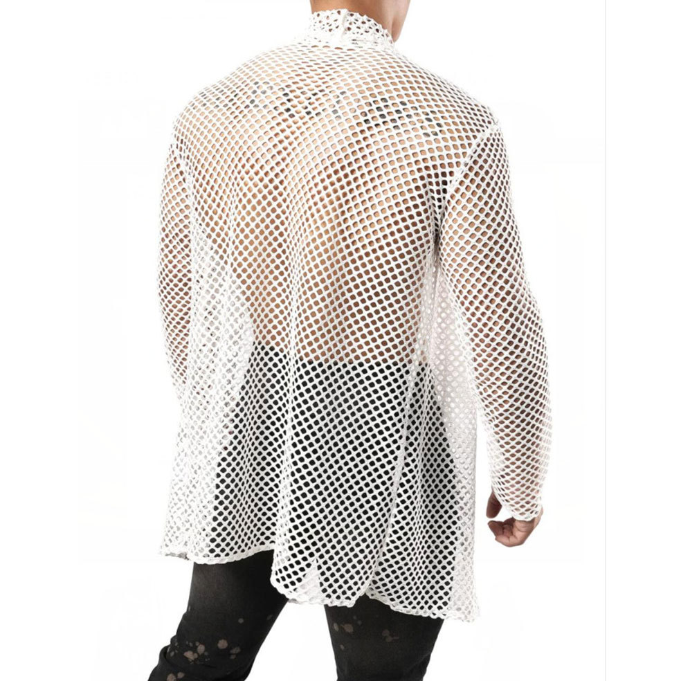 Herren-Übergröße, Schalkragen, Cut-Out, lange Strickjacke, Netzstoff, durchsichtig, Langarmshirt_voghion.com