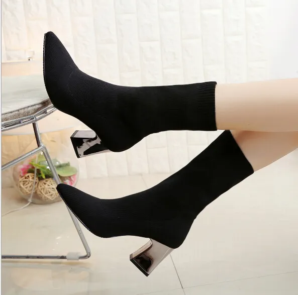 Saldi caldi - scarpe col tacco alto in maglia di colore selvaggio da donna europee e americane, stivali Martin caldi e antiscivolo_voghion.com