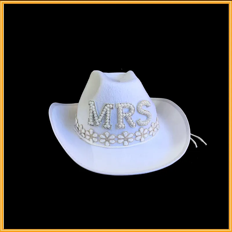 Chapeaux à large bord blanc Dia Fringe Bride Cowgirl Hat Mme Cowboy Bridesmaid Gift Bridal Summer Country Western HatWide_voghion.com
