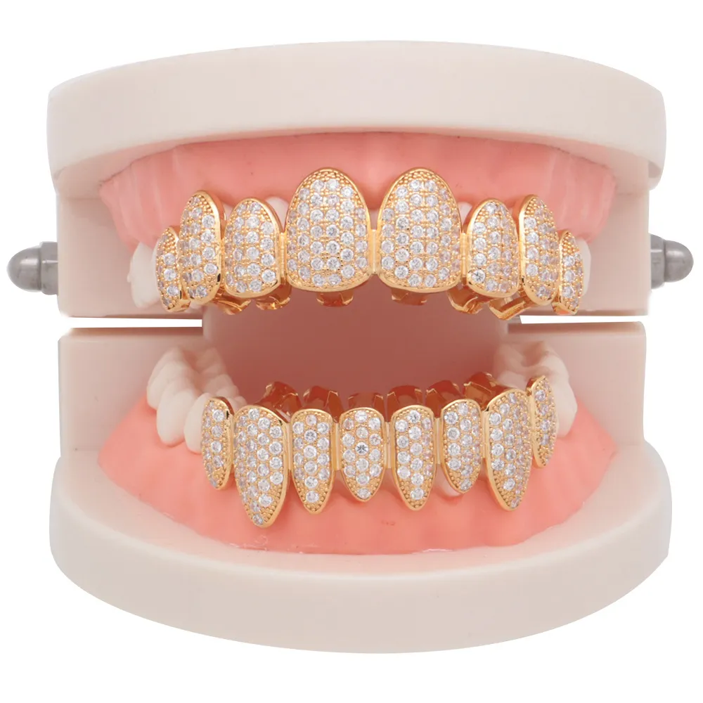 Rose Weißgold Vampir Grillz Iced Out Fang Grills Voller bunter Durchmesser Cosplay Zahnkappe Zahnspange_voghion.com