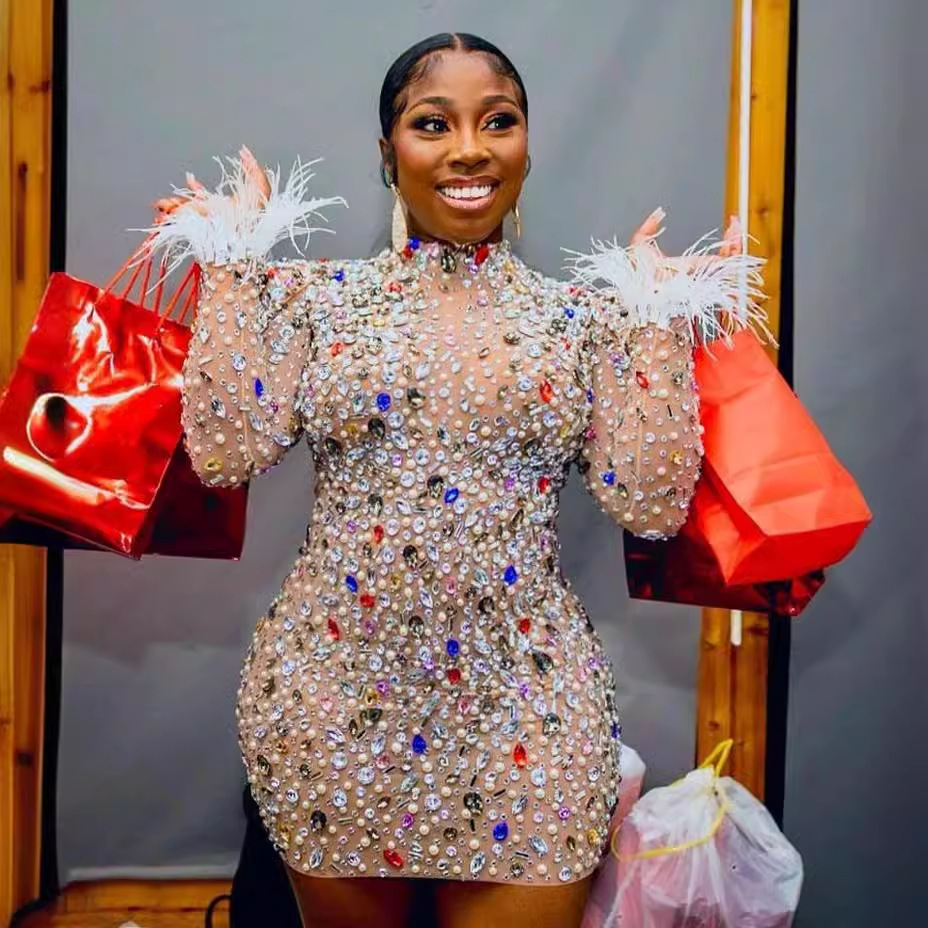 Women’s Clothing High End Rhinestone Mesh Elastic Sexy Slim Dress