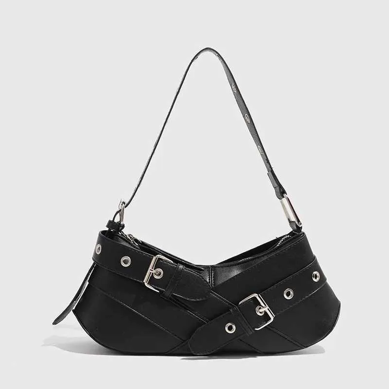 Retro belt decoration shoulder designer armrest punk motorcycle bag Pu leather womens handbag Y241216_voghion.com
