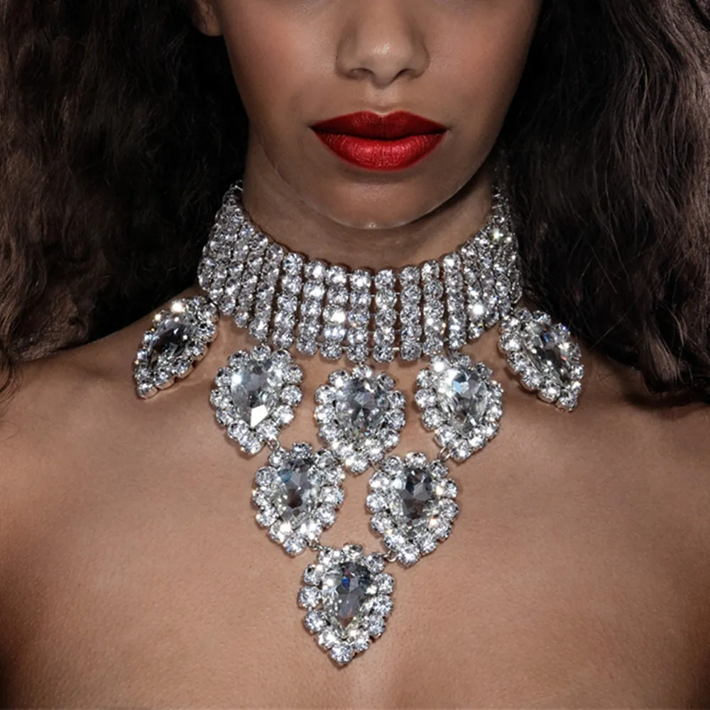 Deluxe Rhinestone Choker Necklace Multi-row Crystal Drop Pendant_voghion.com