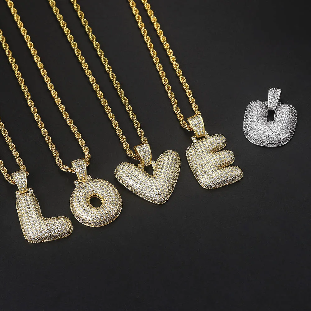 Anhänger Halsketten HipHop Bubble 26 Buchstaben Alphabet Name Initialen Iced Out CZ Halskette Edelstahlkette Rapper Punk_voghion.com