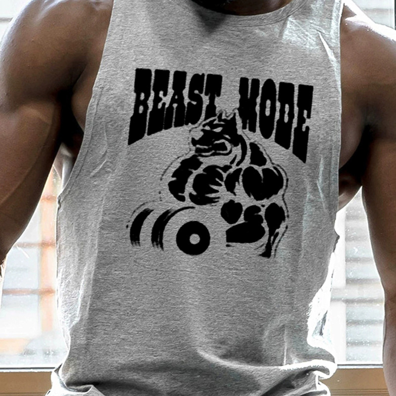 Sportstanktop, muskeltype racerback, ærmeløs træningst-shirt med bogstaver, trendy løstsiddende fitnesstøj til mænd_voghion.com