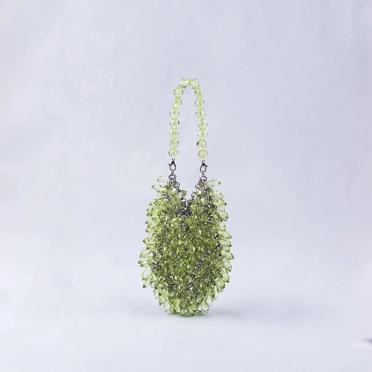 Borsa a secchiello piccola da sera in cristallo trasparente intrecciato a mano, verde, blu e giallo, fatta a mano, estiva_voghion.com