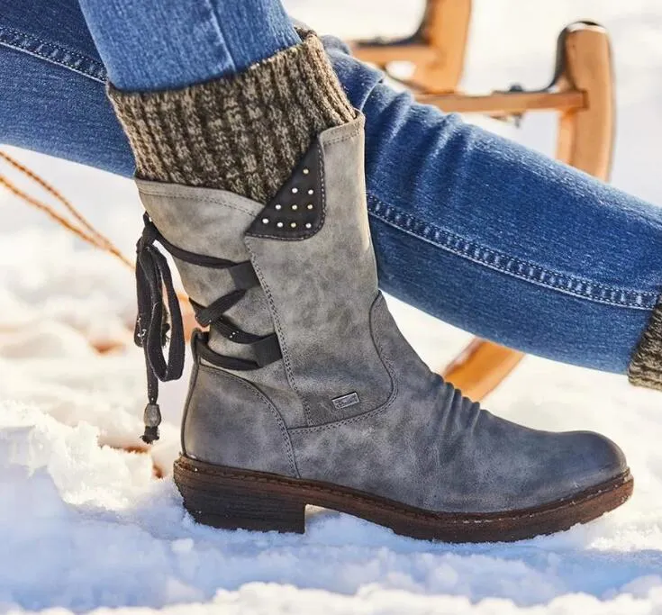 Women Retro Mid-Calf Ladies Fashion Snow Boots Shoes Thigh High Suede Warm Botas Wool knitted socks Martin shoes_voghion.com