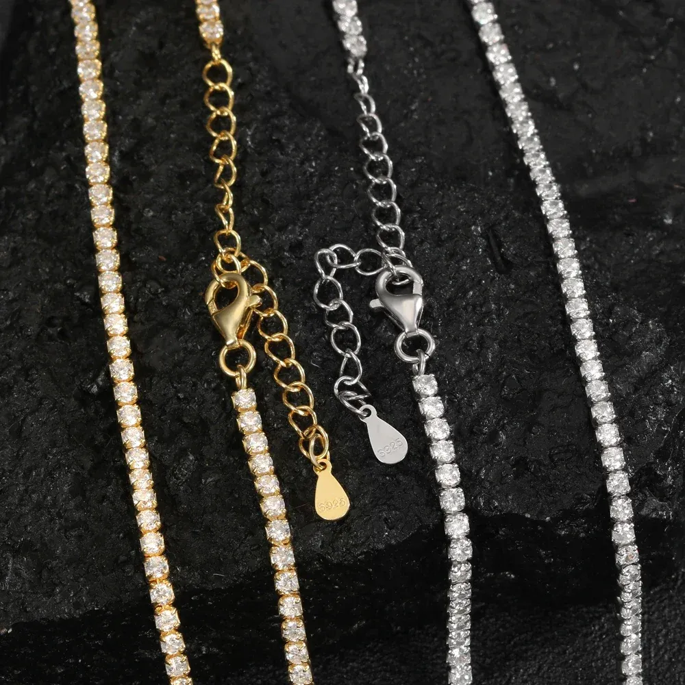 Cadenas finas de 2 mm con diamantes de moissanita y cadena cubana de plata, collar de oro real para mujer, joyería con piedra de circón, collares para el cuello_voghion.com