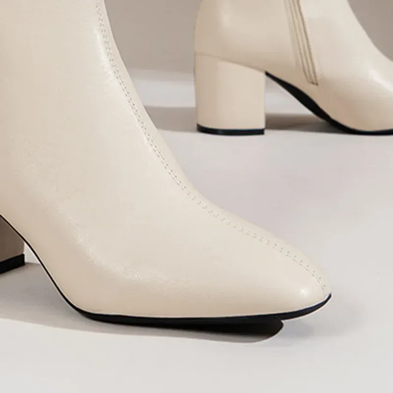 White Ankle Boots for Women Side Zipper Stretch Middle Heel Large Size Short Boot Fashion Pointed Shoes Botas De Mujer_voghion.com