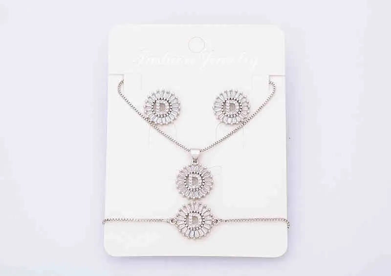 Charm Initial Necklace + Stud Earrings Bracelet Sets Jewelry Copper Zircon White Color A-z 26 Letters Alphabet_voghion.com
