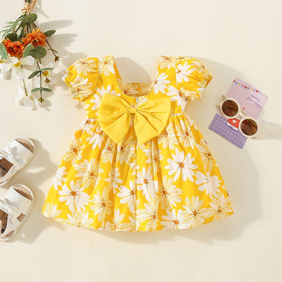 Flower Baby Girl Dress Summer Cotton Princess Dress with Big Bow_voghion.com