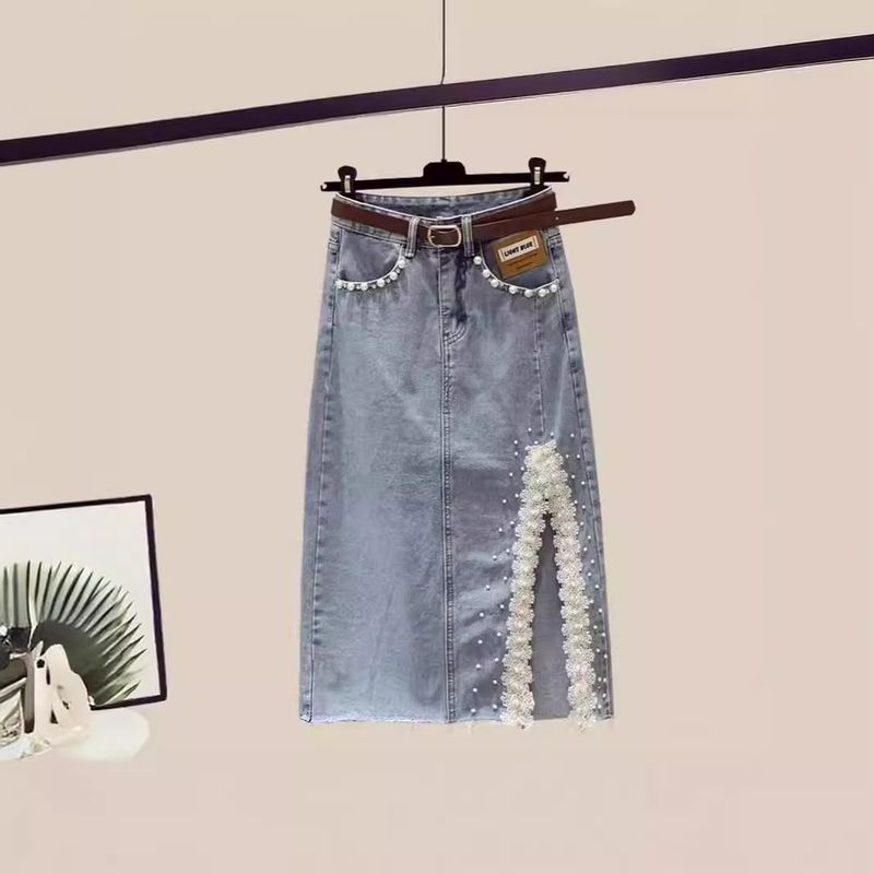 Ensemble deux pièces haut à manches courtes et jupe en jean fendue pour femme_voghion.com