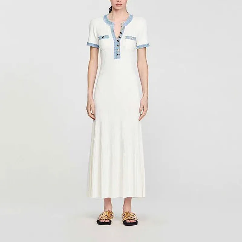 Sandro – Robe française élégante et à la mode pour femmes, tenue longue, ourlet, taille Simple, tricotée, début du printemps, nouvelle collection