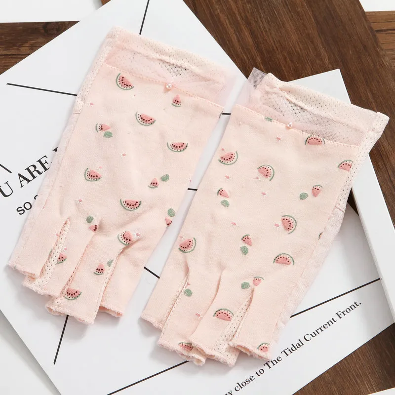 Fashion-Women Half Finger Working Sun Protection UV Cotton Gloves Female Student Summer Fingerless Driving Non-Slip_voghion.com