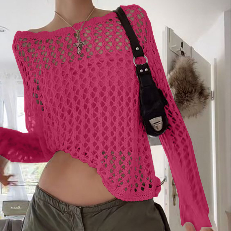 Damenmode einfarbiges, lockeres, perspektivisches Gitter-Langarm-Top_voghion.com