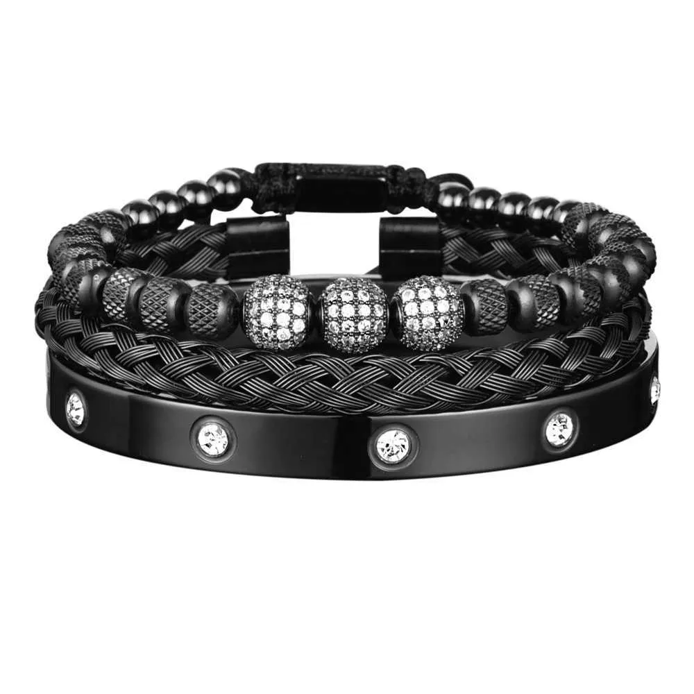 Pulseira 3 Deluxe Micro Pay CZ Contas Redondas Royal Charm Pulseira Masculina de Cristal em Aço Inoxidável Casal Joias Feitas à Mão Presentes_voghion.com