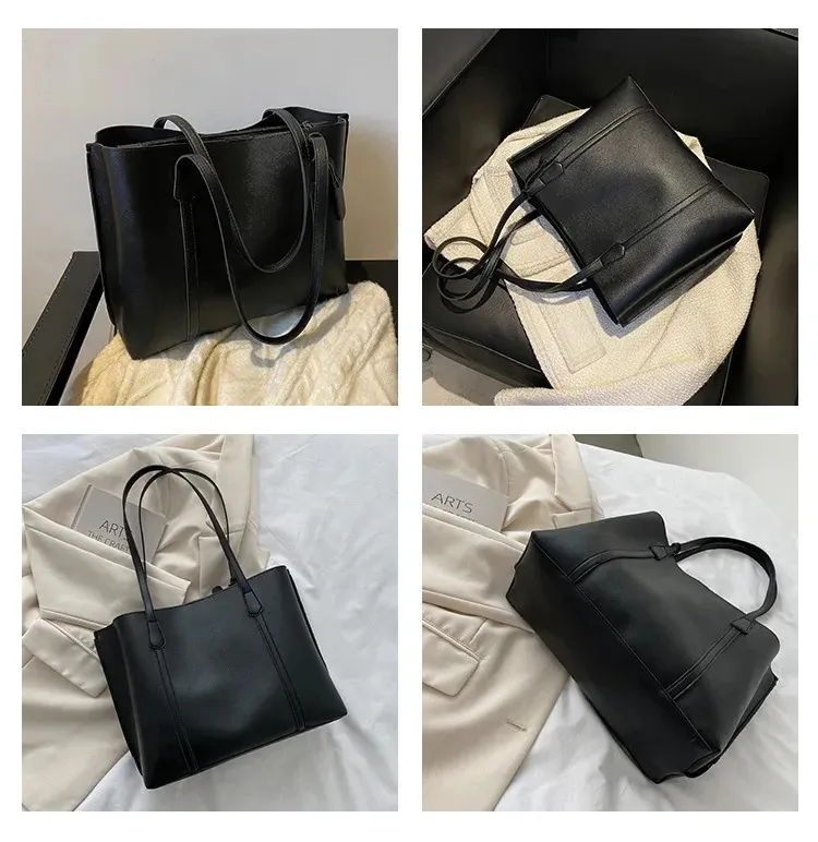 1PC black minimalist large capacity soft leather tote casual versatile shoulder bag 240822_voghion.com