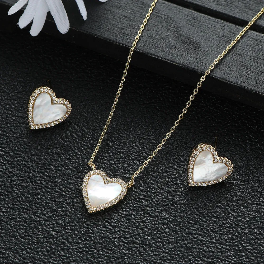 Collar con colgante de corazón romántico, pendientes, collar, joyería para mujer, conjunto de piedras preciosas de fritilaria, regalo de boda, moda encantadora_voghion.com