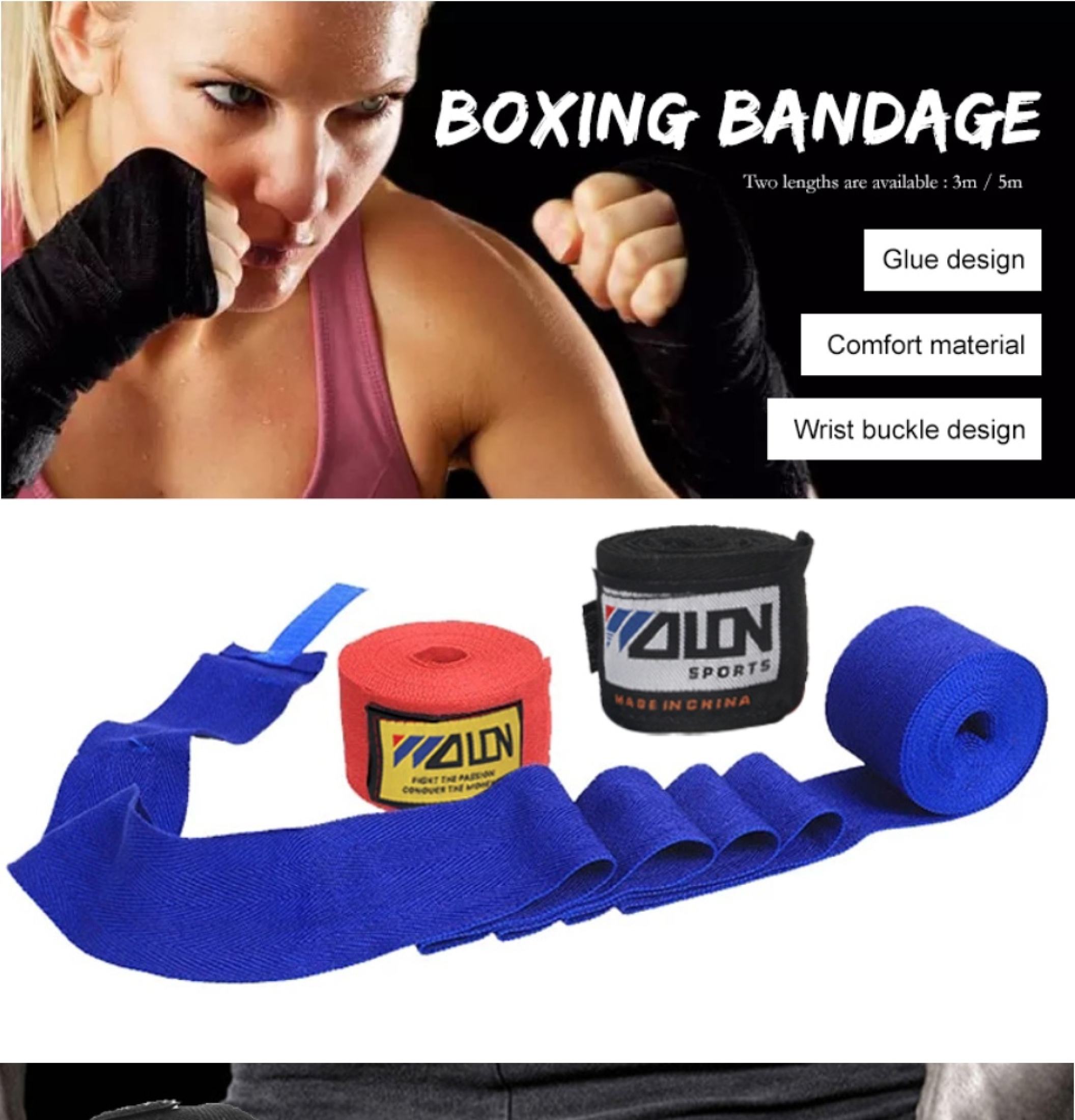 1 paio 5M/3M 100% cotone Bo Strap Bendaggio Velcro Guanti per le mani Bende Sanda Muay Thai MMA Taekwondo_voghion.com