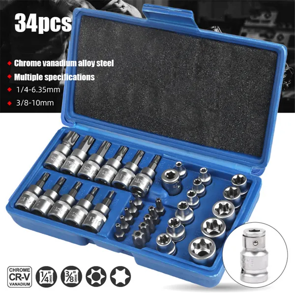 34pcs Torx Bit Socket And E-Torx Star Socket Set 1/4' 3/8' 1/2' Drive Male Female E-torx Security Bits Handheld Tool_voghion.com