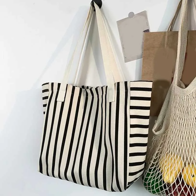 New Beach Handbag Fi Wen Canvas Summer Large Capacity Strip Shopping Bag Y241109_voghion.com