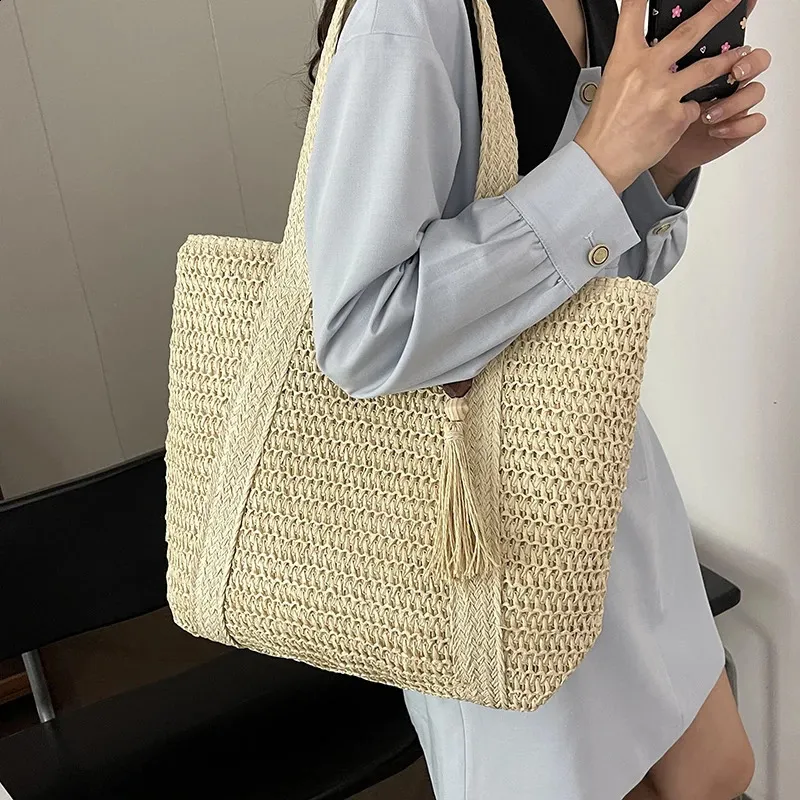 Summer Woven Shoulder Bag Women Beach Female Straw Knitted Handmade Large Capacity Handbag Purse Travel Tote Bags 240906_voghion.com