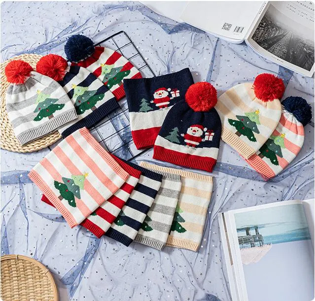 Presente de Natal Quente Gorro Chapéu Conjunto de Duas Peças Bebê Menino e Menina Crianças Quentes Malha Chapéu de Inverno Cachecol de Pescoço para 1-5 Anos_voghion.com