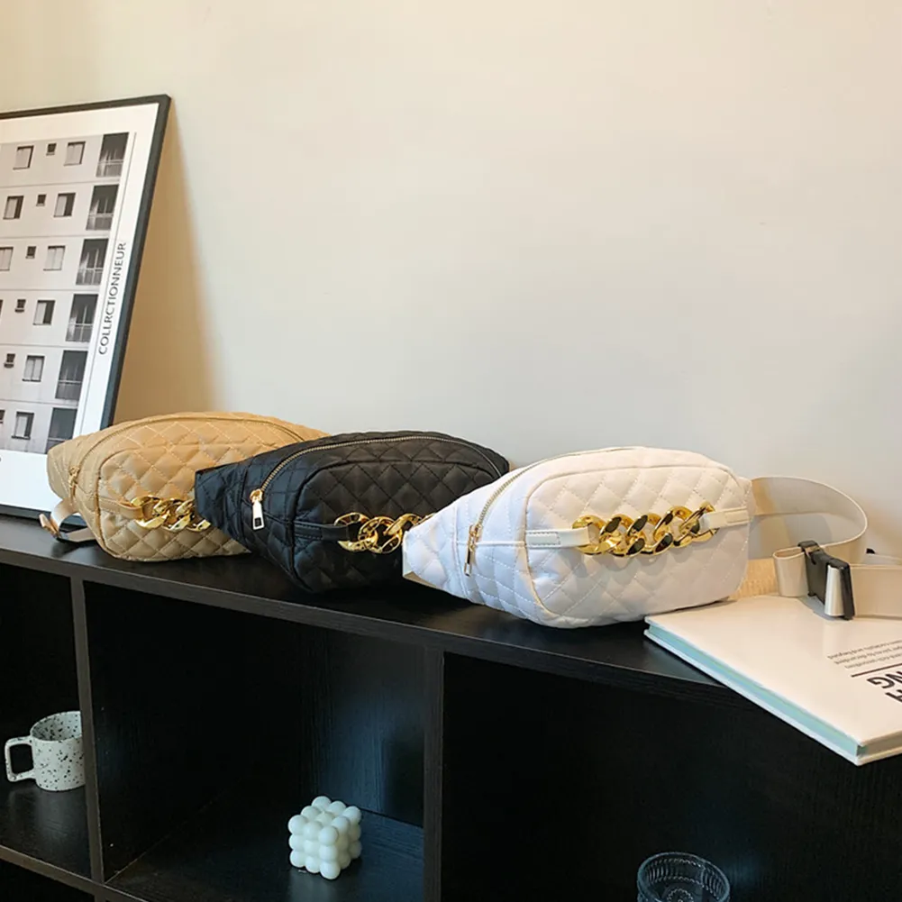 Bolsa tiracolo acolchoada com corrente grossa, casual, alça ajustável, simples e portátil para fim de semana_voghion.com