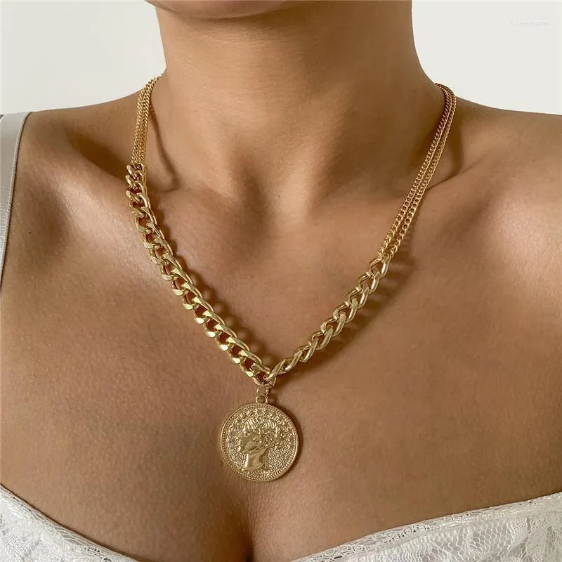 Pendant Necklaces Punk Gold Sier Color Carved Portrait Necklace For Women Girl Metal Chunky Chain Choker Party Jewelry_voghion.com