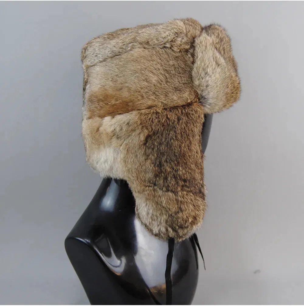 BeanieSkull Men's Caps Natural Bomber With Earflaps Winter Unisex Warm Russian Ushanka Hat Real Rabbit Fur Hats 231017_voghion.com