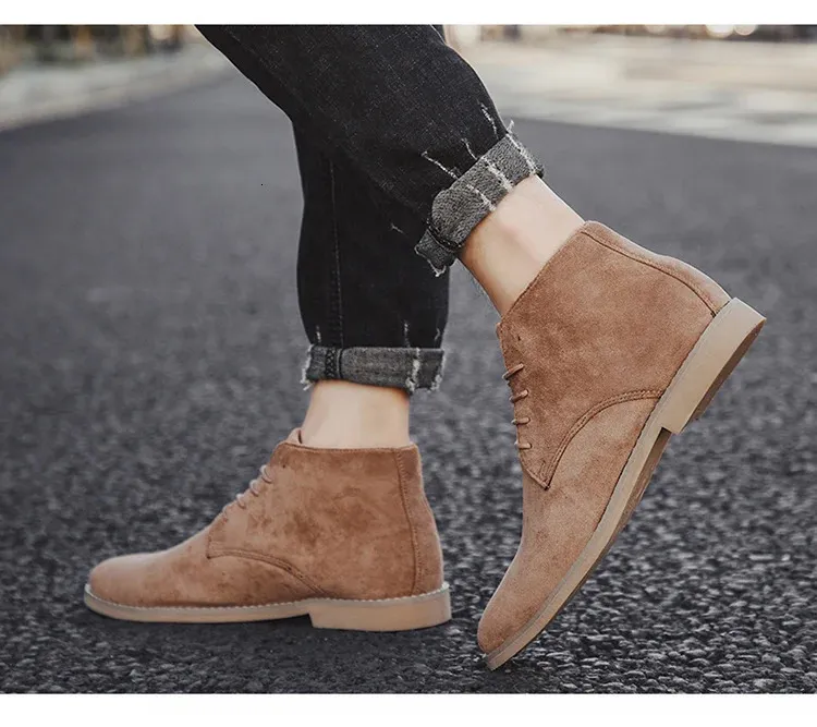 Chaussures en cuir suédé kaki de Style britannique bottines en dentelle confortables hommes Botas Para Hombre 250425_voghion.com