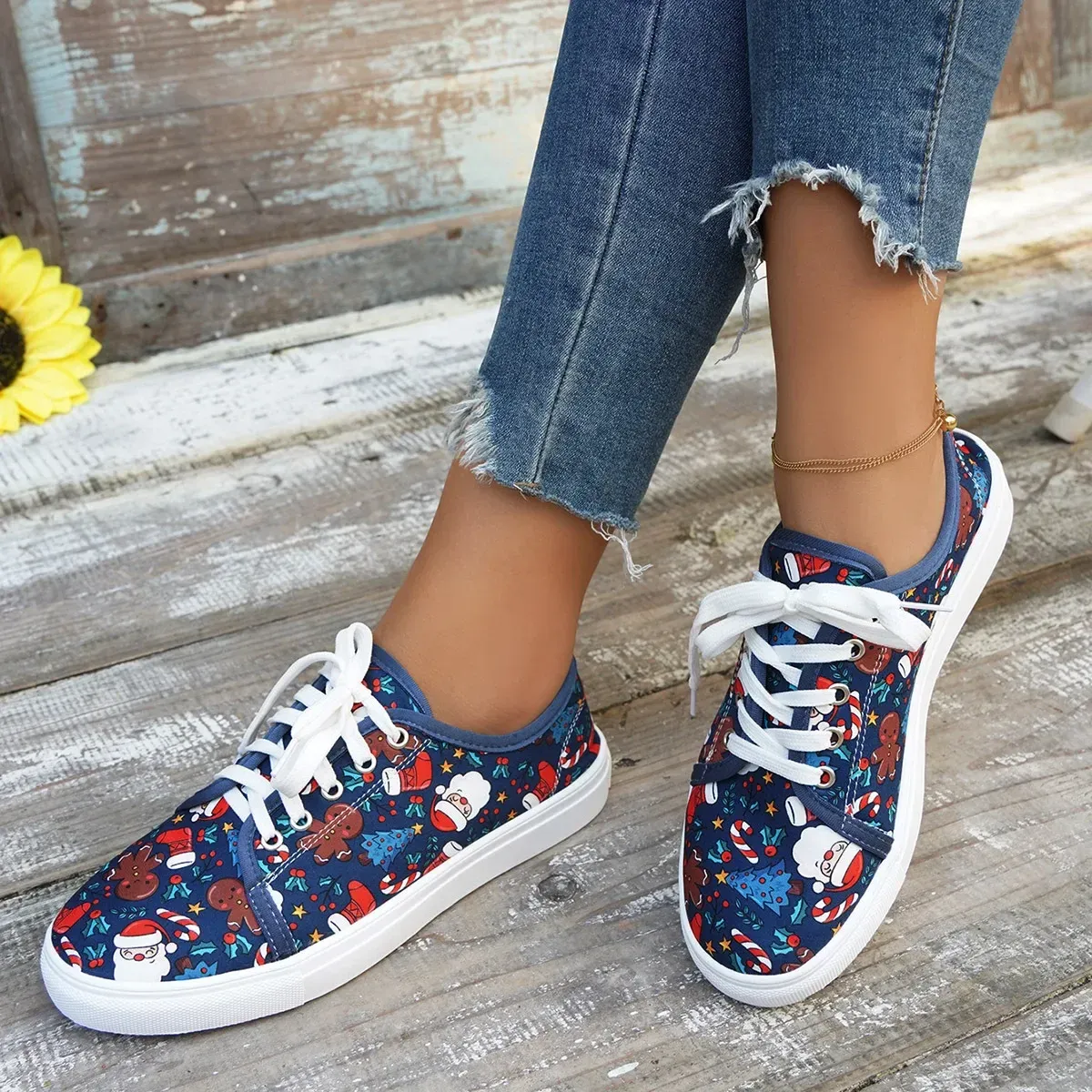 Sneakers di Natale Donna Nuovo Autunno Moda Babbo Natale Stampa Adorabili Casual Scarpe Basse Signore Festival Scarpe Vulcanizzate 2024_voghion.com