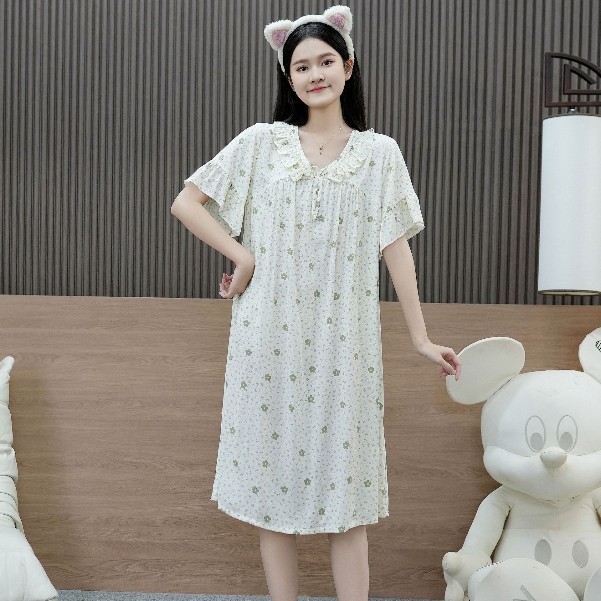 Pigiami da donna Camicia da notte in cotone e seta, da donna, stampata, con piccoli fiori, a maniche corte, da casa, sottile_voghion.com
