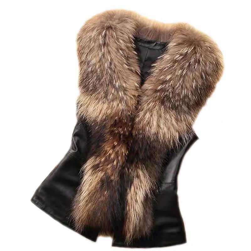 Women's Clothing adult vest   fox fur collar pu vest