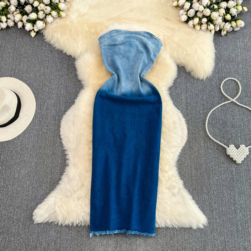 Women's color-changing tube top waist slimming mid-length back slit denim hip-hing dress_voghion.com