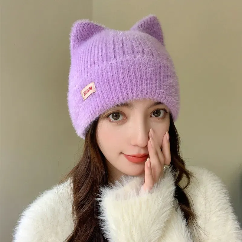 Ženske kape BeanieSkull, slatke mačje uši, zimska kapa s ušima, modna krznena pletena Kpop stila, mekane kape Beanie, ženske slatkiši_voghion.com