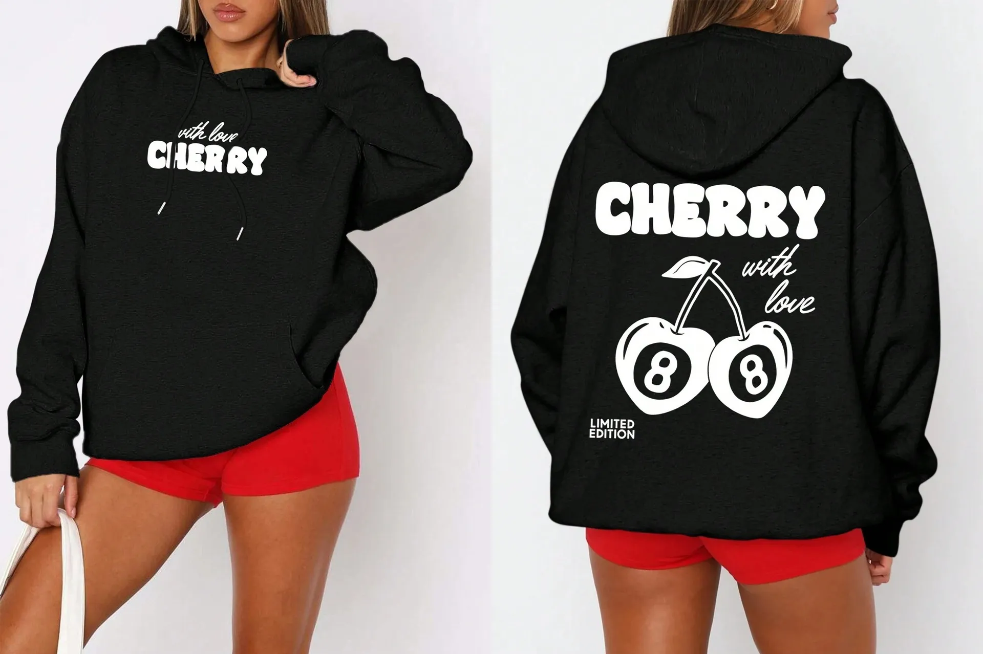 Sweat à capuche White Foxliness pour femme, style décontracté, imprimé cerises et lettres. Hauts pour homme et femme._voghion.com