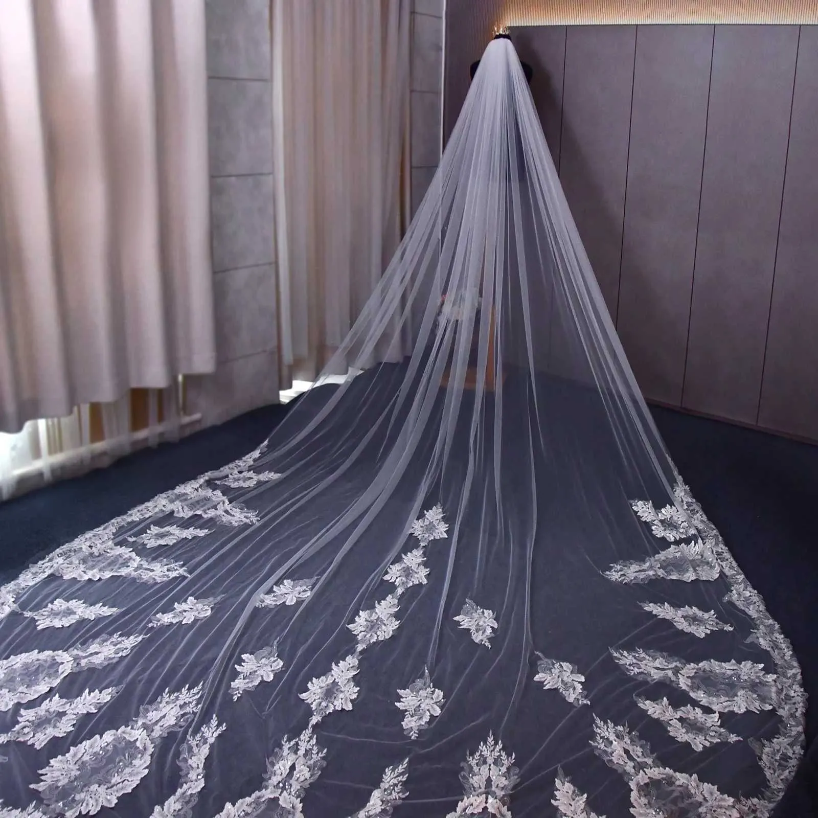 Hair Jwlry V146 Vil Long Cathdral Bridal Vils 1 Tir Lac Appliqus Edg Mantilla Wid Wdding Accssoris For_voghion.com