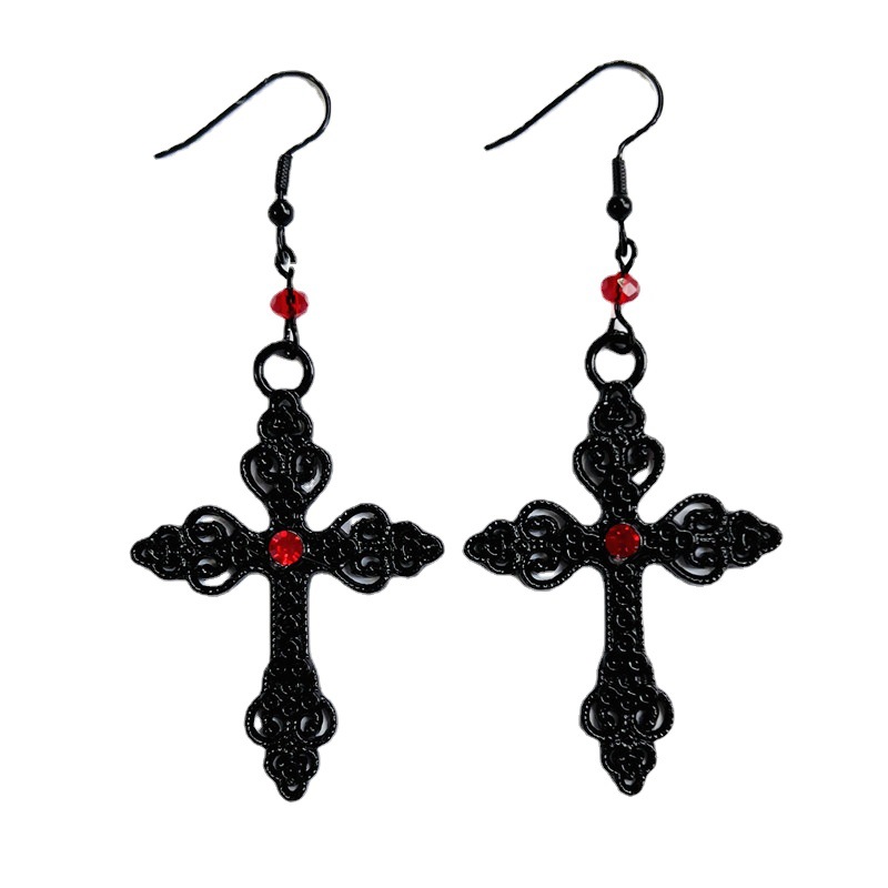 Gothic oversized detail crossed black cross with diamond earrings_voghion.com