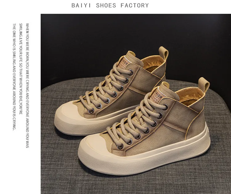 Echt leren dikke zool, hoge ronde neus, skateboard voor comfort en hoogtetoename, rubberen buitenzool, sportschoenen_voghion.com