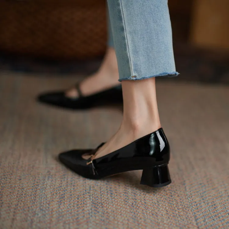 Shoes Spring/Autumn Patent Leather Solid Color T-shaped Buckle Pumps Square Toe Chunky Heel Versatile Mary Jane For_voghion.com