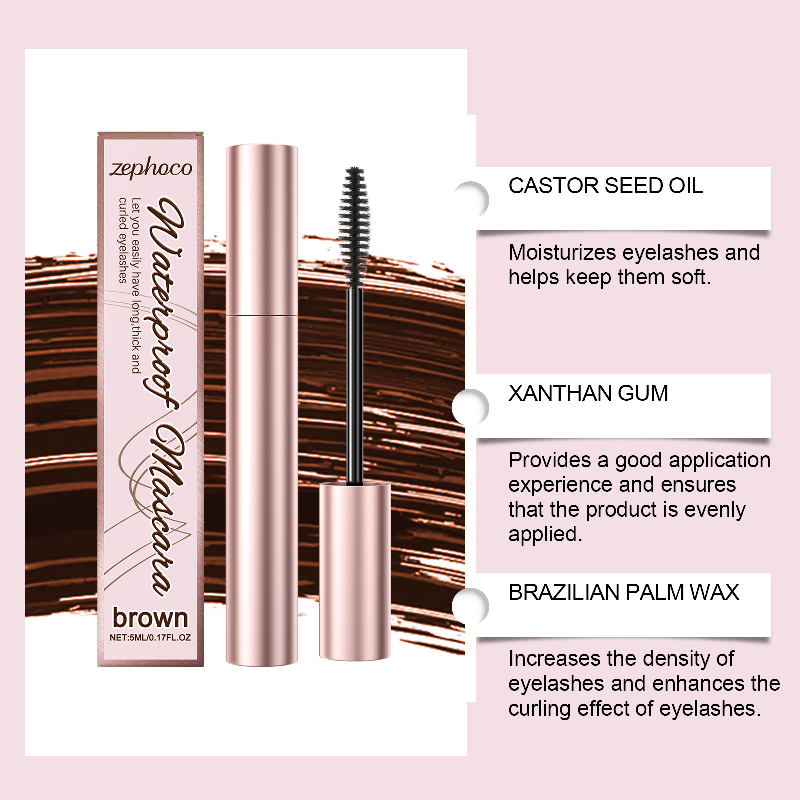 Zephoco Brown Curl Mascara Natuurlijke look Langdurige, veegvaste, dagelijkse, voedende formule_voghion.com