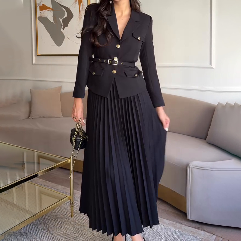 Vêtements pour femmes automne couleur unie tempérament revers costume veste jupe de costume plissée