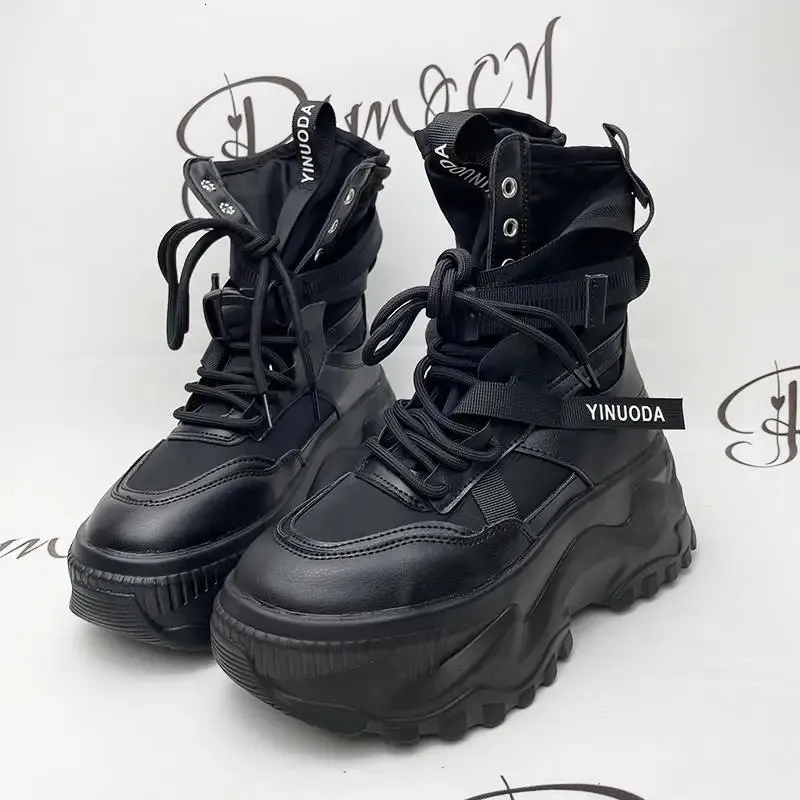Bottines de moto blanches à plateforme épaisse pour femmes, chaussures vulcanisées à lacets et à boucle, à la mode, pour l'automne_voghion.com