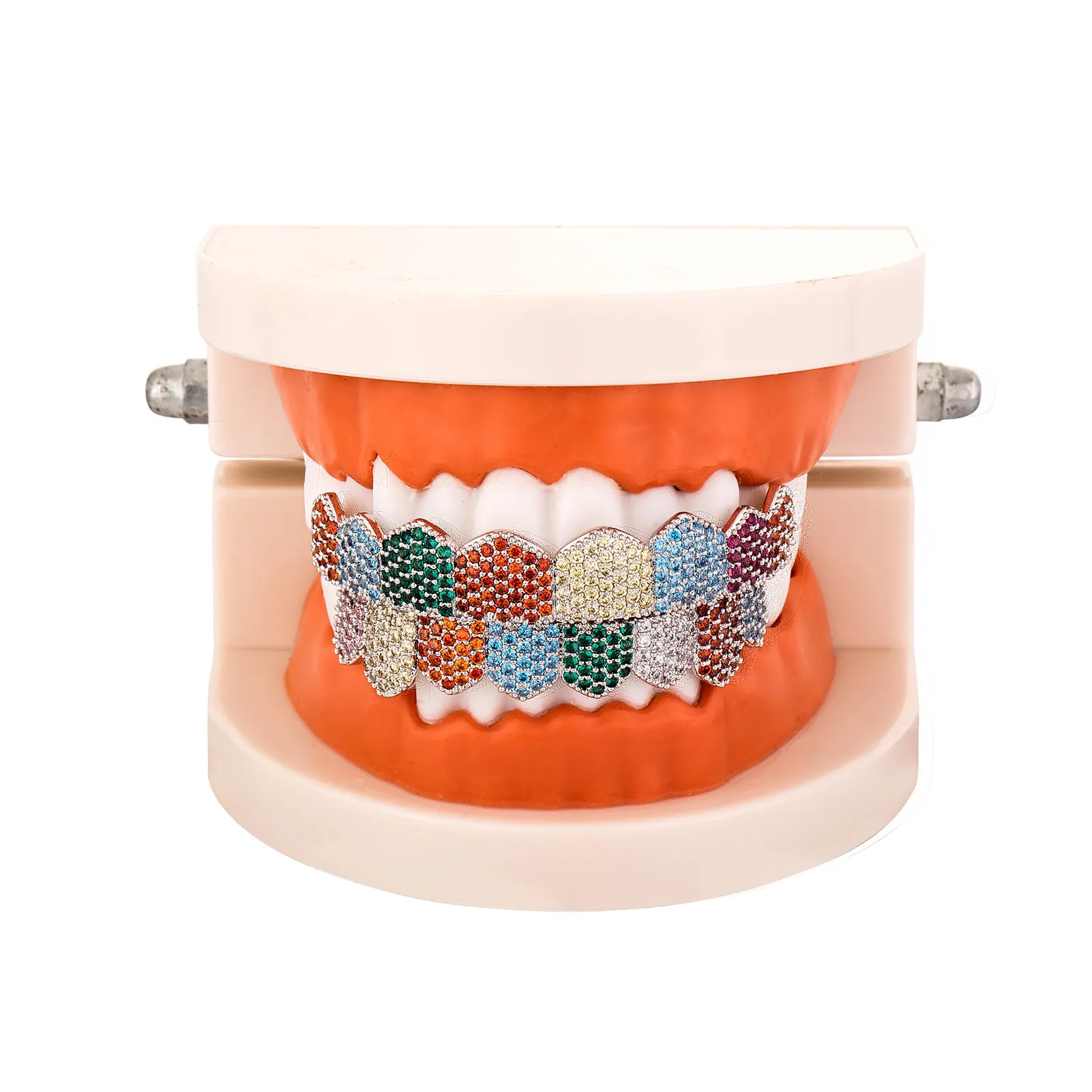 Rose Weißgold Vampir Grillz Iced Out Fang Grills Voller bunter Durchmesser Cosplay Zahnkappe Zahnspange_voghion.com