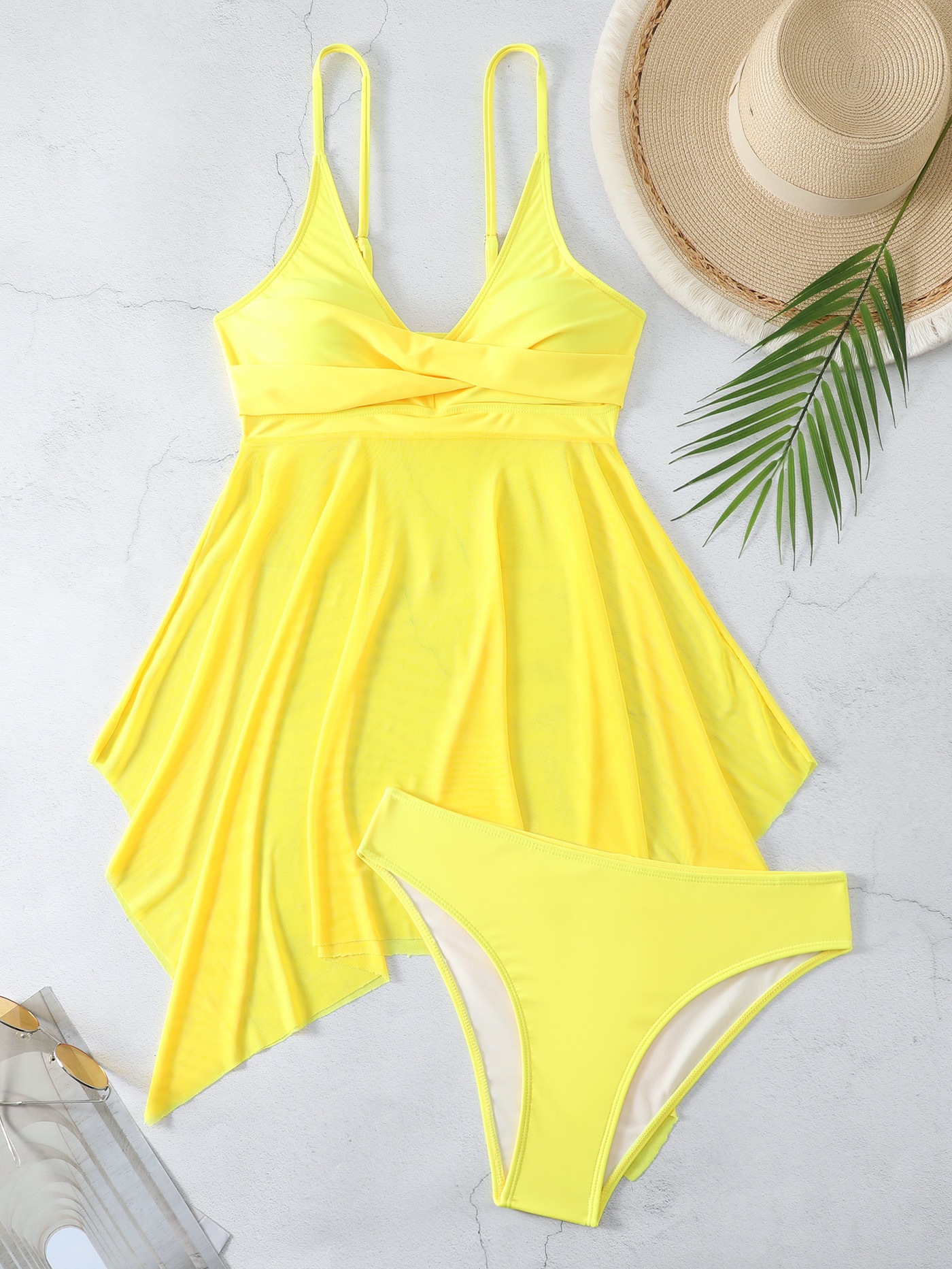 Dames Gauze Split Body High Waisted Mesh Badpak, Cross Top, Dubbele Schouderband_voghion.com