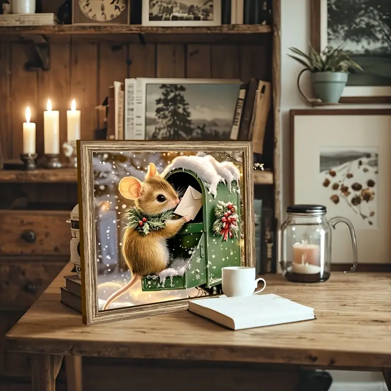 Rustic Wooden Mouse Mailbox Christmas Decor - Snowy Farmhouse Wall Art W/ Holly Wreath, Perfect Holiday Gift For Home & Office_voghion.com