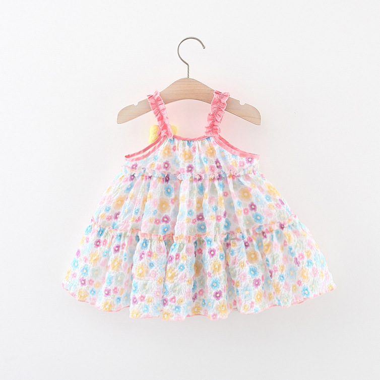 Neues Sommerkleid für Mädchen, rosa, Strand, lässig, bequem, mit Riemen, fragmentiertes Blumenkleid, Fliege, Netz, gefaltetes Strandkleid_voghion.com