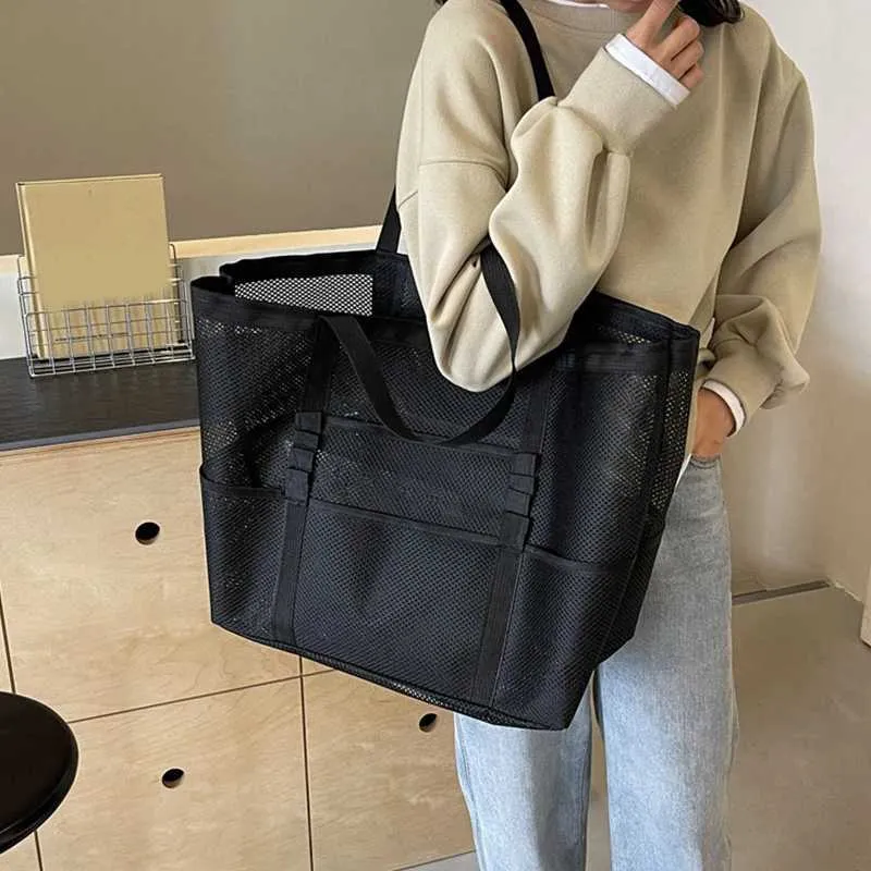 Hollow large capacity makeup storage womens multifunctional mesh shoulder travel transparent beach bag Y241011_voghion.com